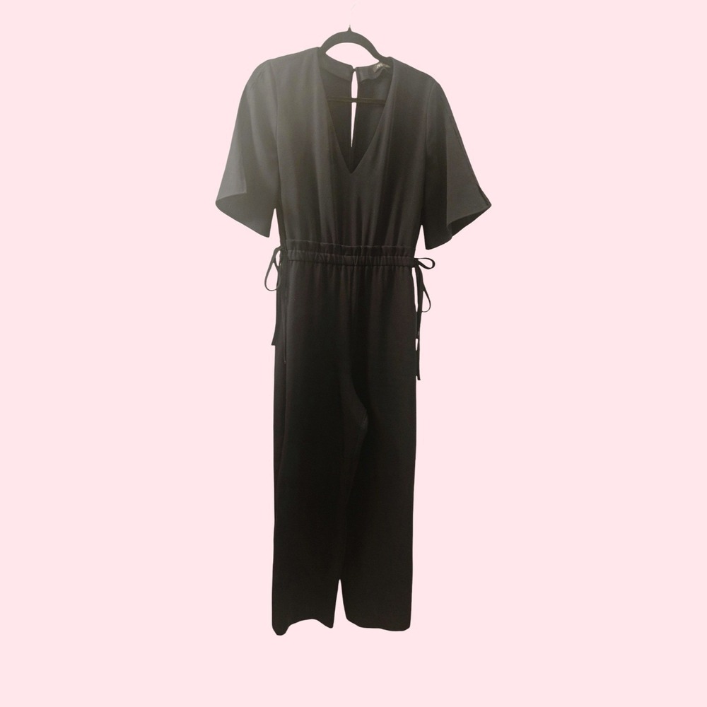 Zara Black Short Sleeve Open Back V-Neck Drawstring Waist Wide Leg Jumpsuit L - Picture 2 of 8